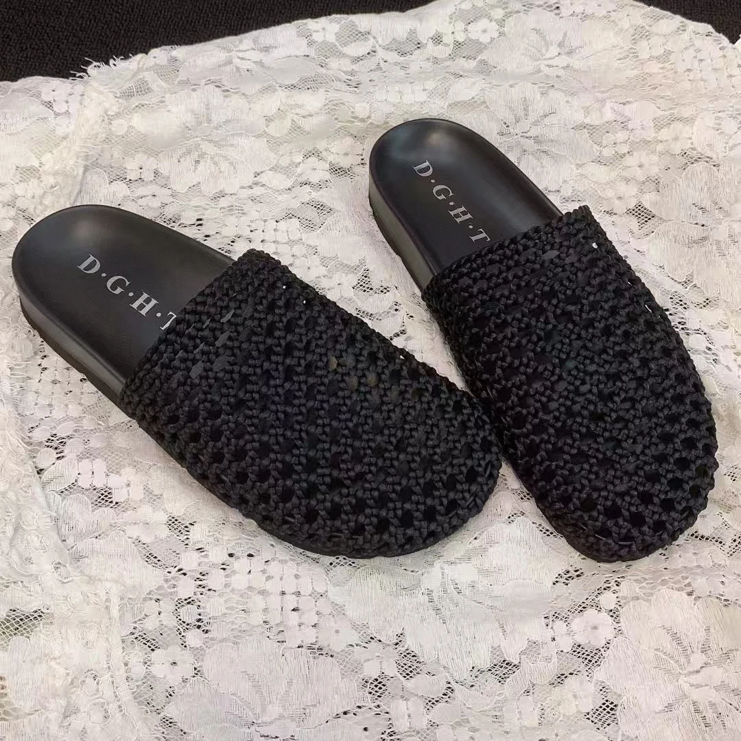 2025春夏新款透面编织拖鞋女时尚百搭外穿平底休闲镂空包头半拖鞋