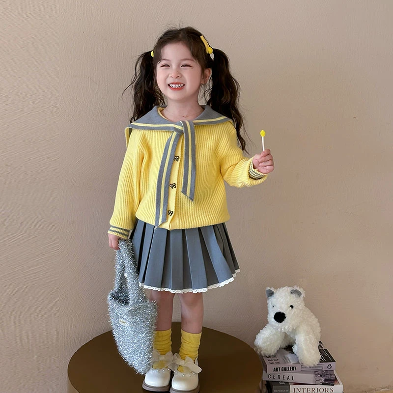 女童毛衣开衫2025新款儿童春秋学院风套装洋气海军领百褶裙两件套