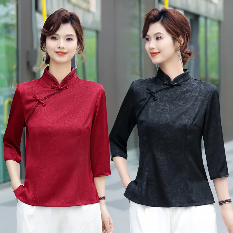 2025春夏复古中国风旗袍上衣七分袖时尚洋气妈妈装打底衫中式唐装
