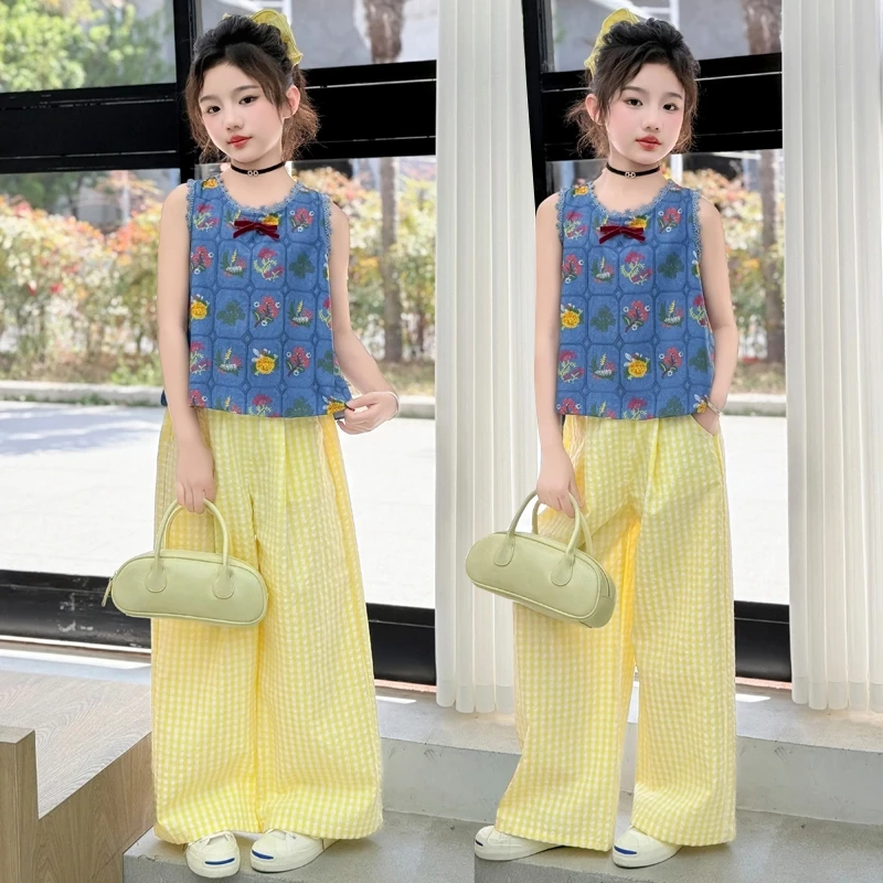 女童繁花背心2025夏季新款无袖马甲女大童复古格子夏装薄款裤子潮