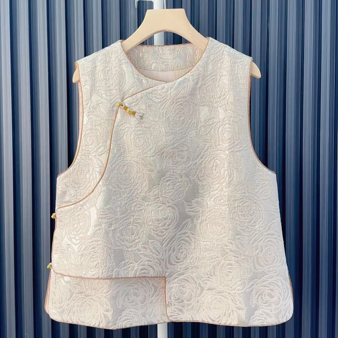 004新中式国风复古玫瑰印花侧扣桑蚕丝马甲24C078X-3