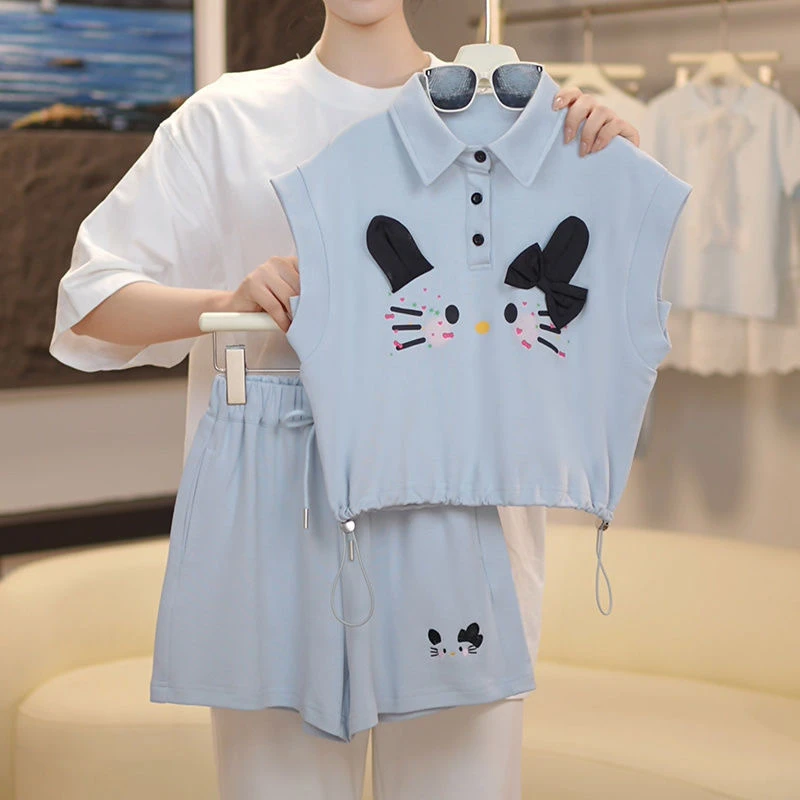 女童背心套装夏装2025新款洋气卡通收缩无袖polo衫短裤两件套ins