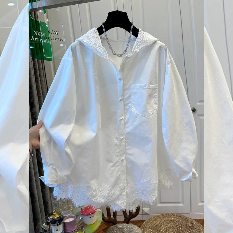 气质连帽蕾丝拼接法式衬衫长袖春季别致设计感宽松上衣女洋气减龄