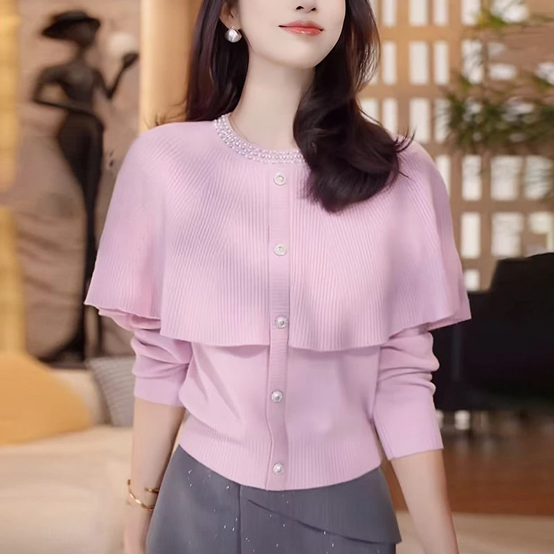 粉色假两件毛衣女2025秋冬新款慵懒高级感减龄显瘦斗篷针织衫上衣