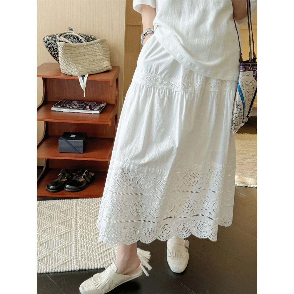 【MGDM】全棉重工蕾丝镂空刺绣花边拼接打条半身裙女2025春DDJ25038