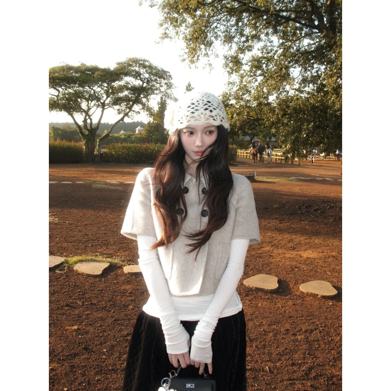 美式复古翻领百搭上衣秋冬高级感叠穿修身打底衫高腰气质显瘦裙子