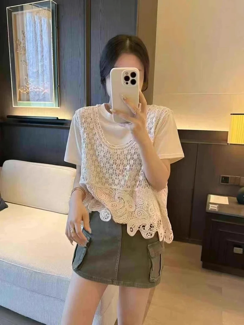 2025夏季新款女装甜美针织拼接宽松显瘦短袖小香风钩花镂空上衣