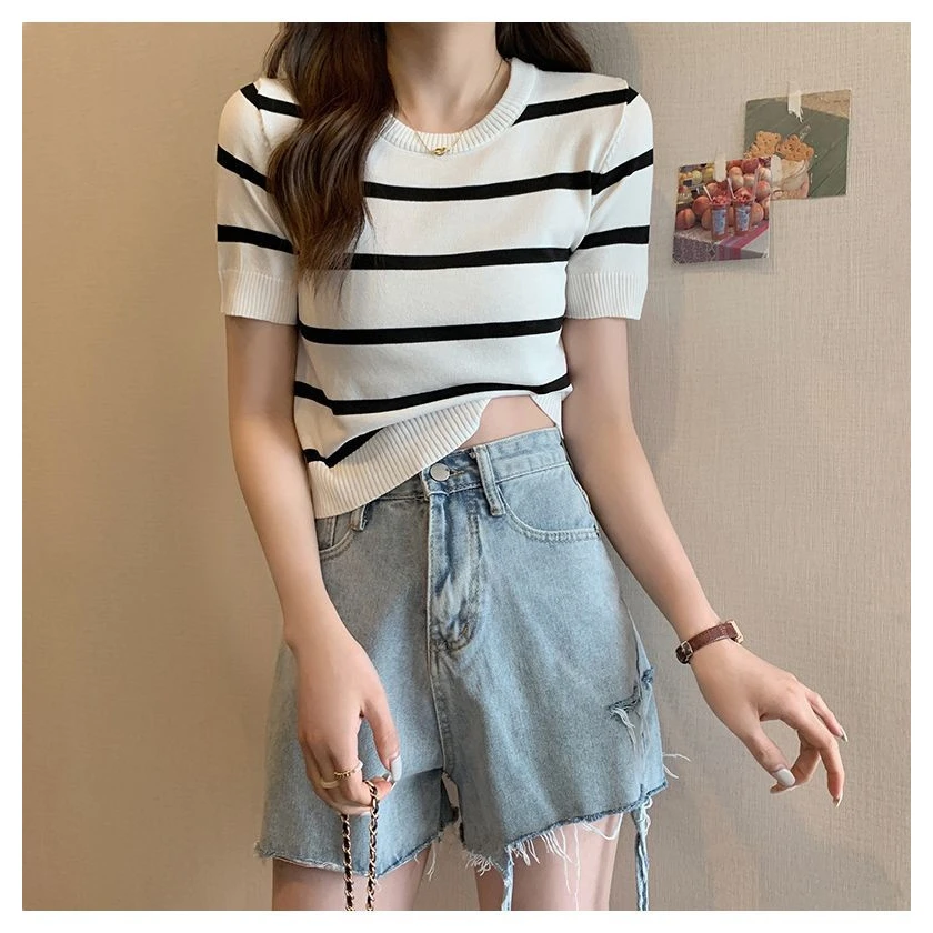 拼色条纹短款圆领冰丝针织恤夏季新款小香风气质名媛修身上衣潮