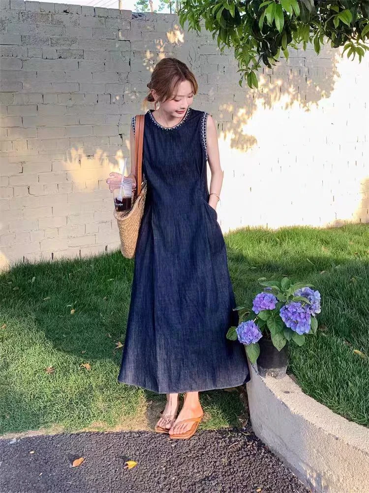 【天邑严选】牛仔裙拼接裙子法式时尚收腰连衣裙夏季无袖中长裙
