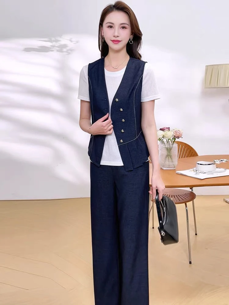 25080 洋气短袖三件套女2025年夏季新款时尚减龄阔腿裤套装