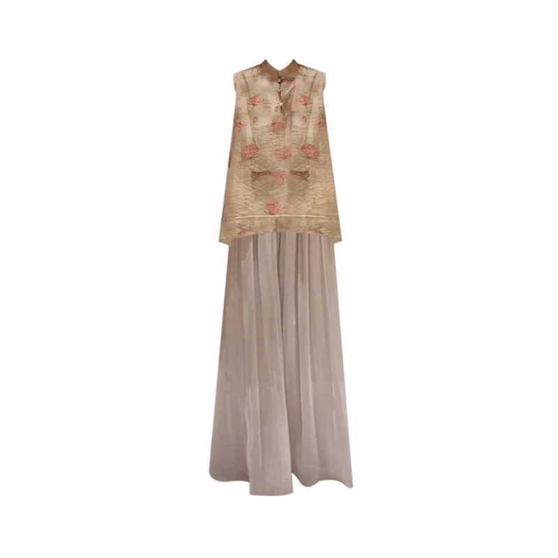 新中式宽松显瘦小个子无袖上衣女夏季垂感直筒休闲阔腿裤裙两件套