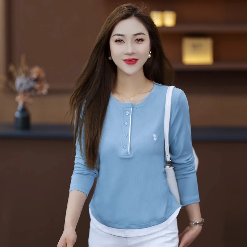 2025春秋新款拼接长袖T恤时尚洋气圆领修身显瘦打底上衣单穿气质