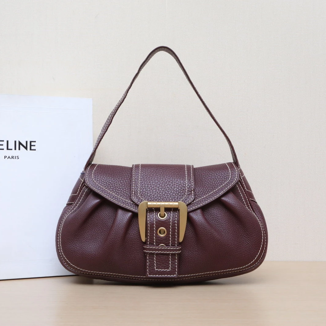 95新 Celine/思琳 小花Jerry 枣红色 金扣 中古 腋下包 单肩包