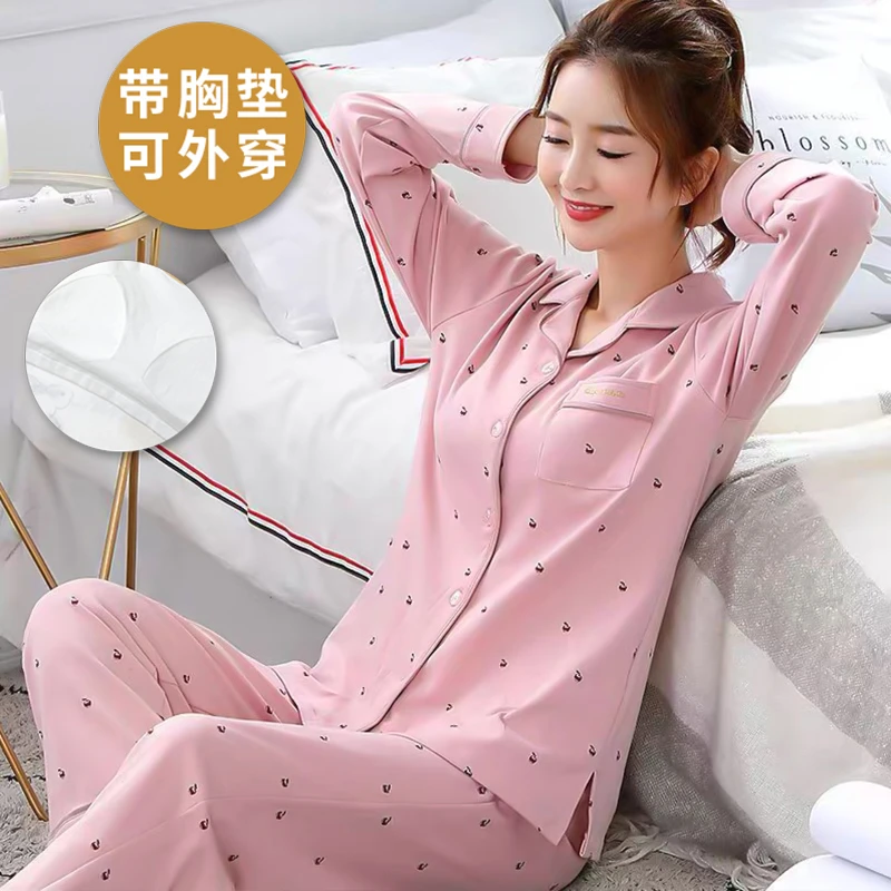 纯棉睡衣女款春秋季带胸垫一体长袖2025新款开衫可外穿翻领家居服