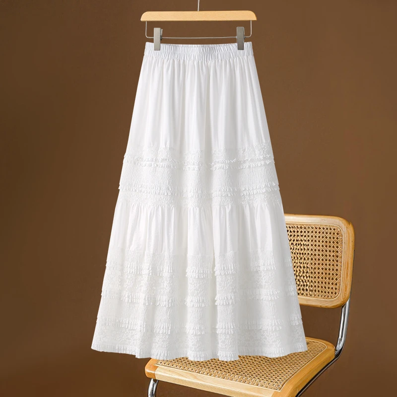 拉夏贝尔白色半身裙女夏季2025新款蕾丝拼接a字蛋糕裙夏季伞裙