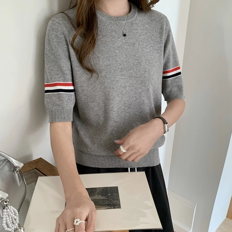 棉线圆领夏季撞色针织显瘦T恤机洗不变形