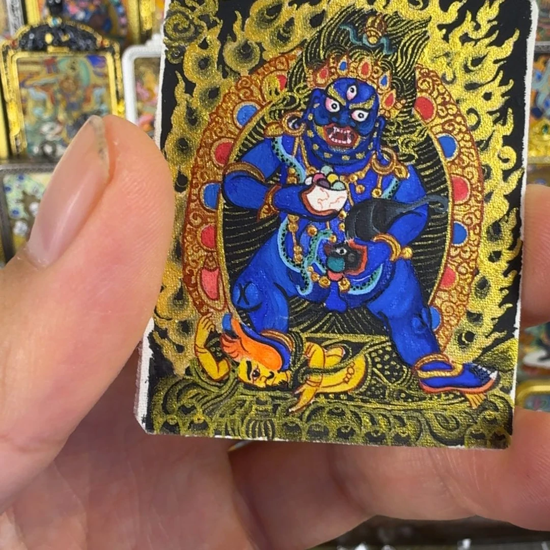 吊坠纯手绘黑金黑财神唐卡