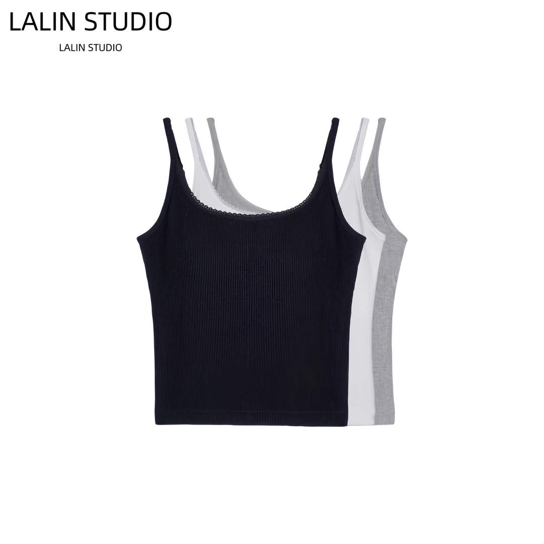 LALIN2025s新款桑蚕丝螺纹蕾丝花边胸垫一体弹力修身背心吊带美背