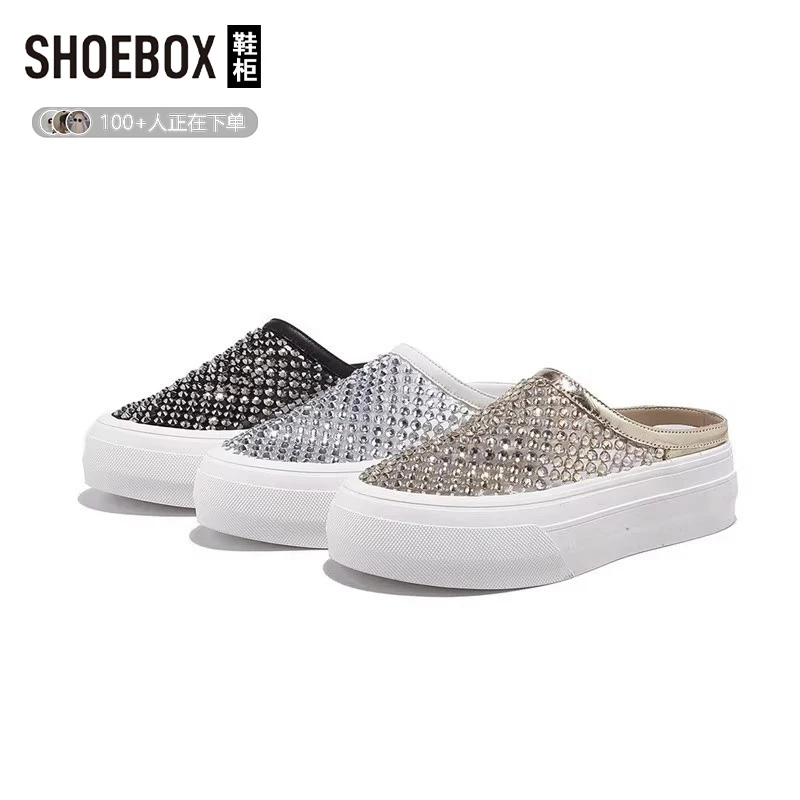 SHOEBOX鞋柜2025夏季新款水钻时尚百搭包头拖女厚底增高休闲鞋