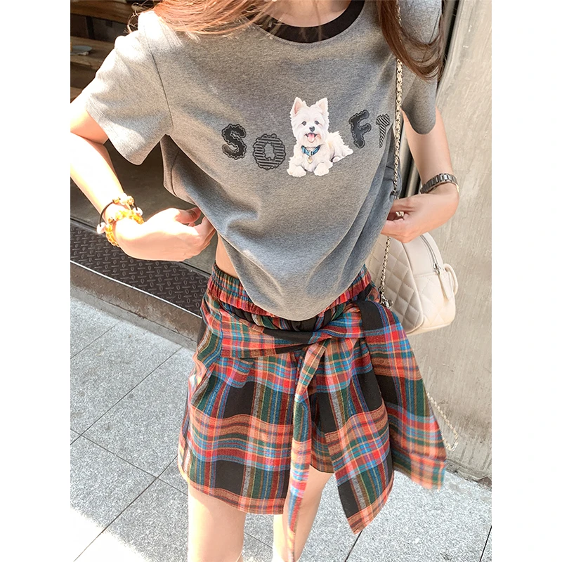 曾小咸灰色印花T恤+格子裙裤套装Z251SSH1428-1