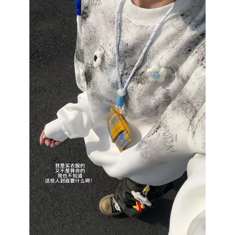 美式复古小花卫衣男女秋季氛围感重磅圆领上衣情侣设计感脏脏卫衣