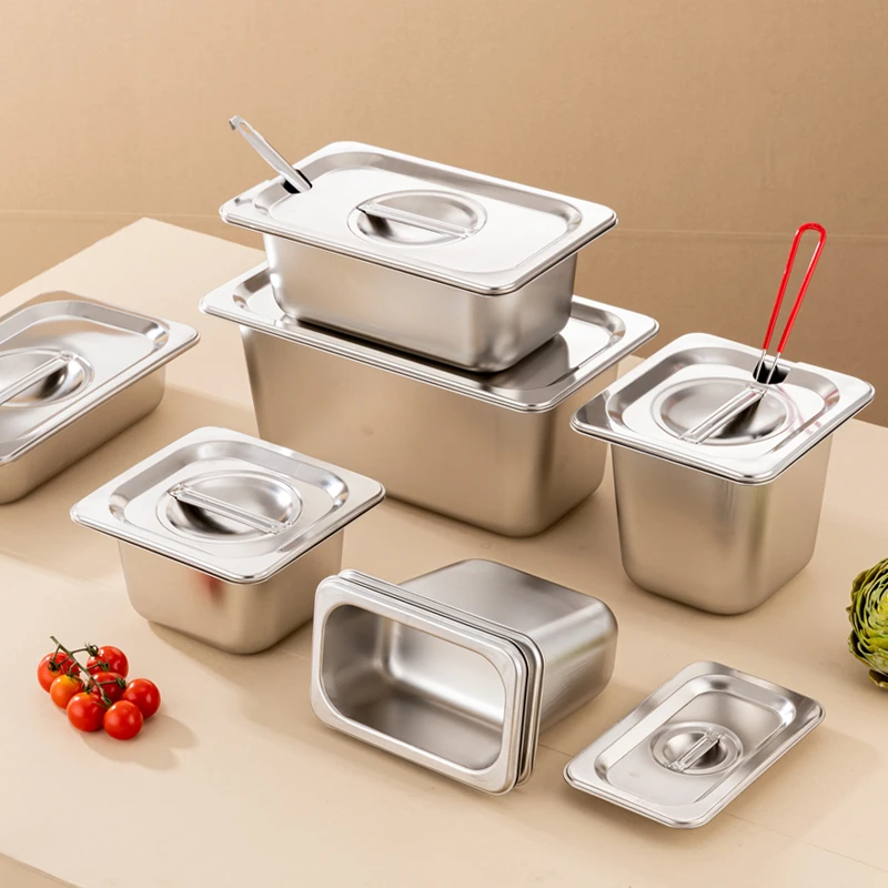 304不锈钢份数盆长方形盆带盖商用快餐车自助餐盆盛菜盆方盘盒子