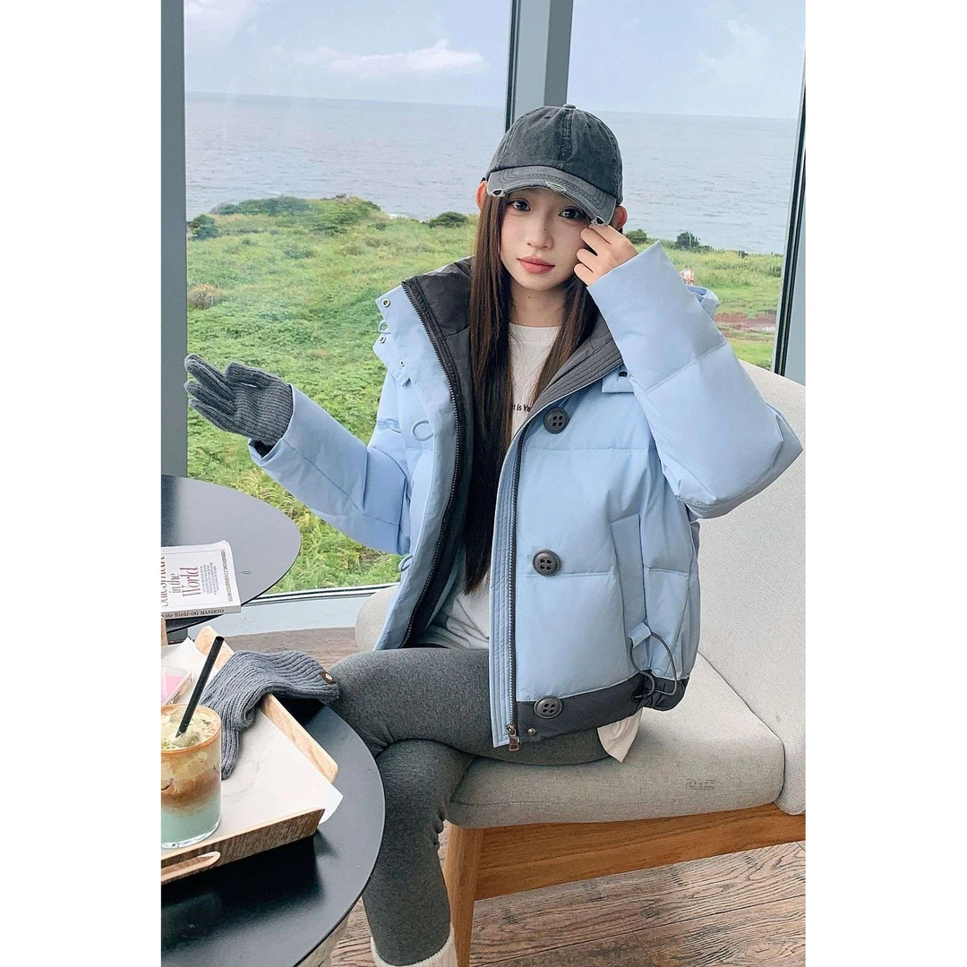 新款棉衣女短款韩版紫色好看撞色羽绒棉服2025加厚连帽冬季外套