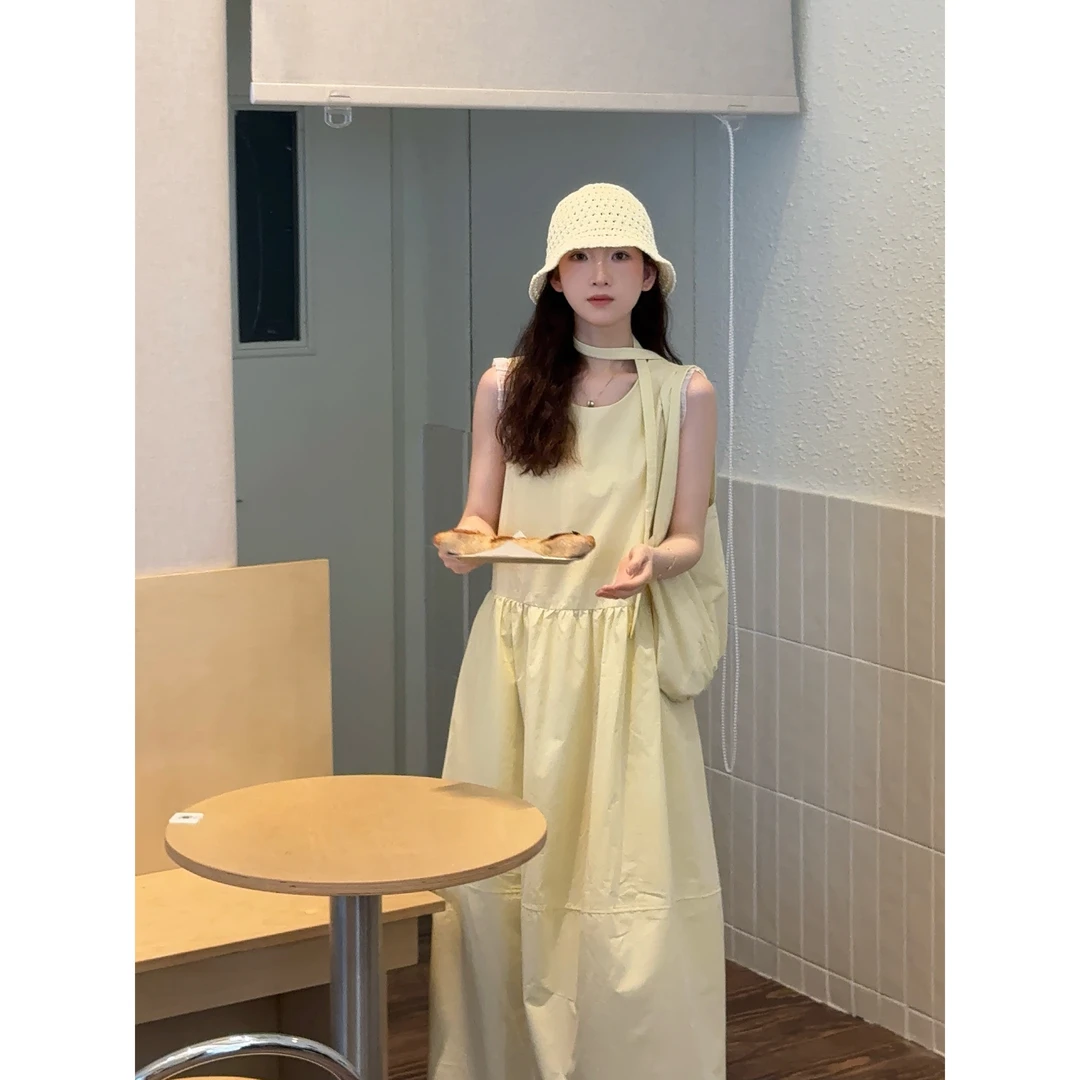 小冰涡 韩系简约拼接花边无袖连衣裙（配包包）