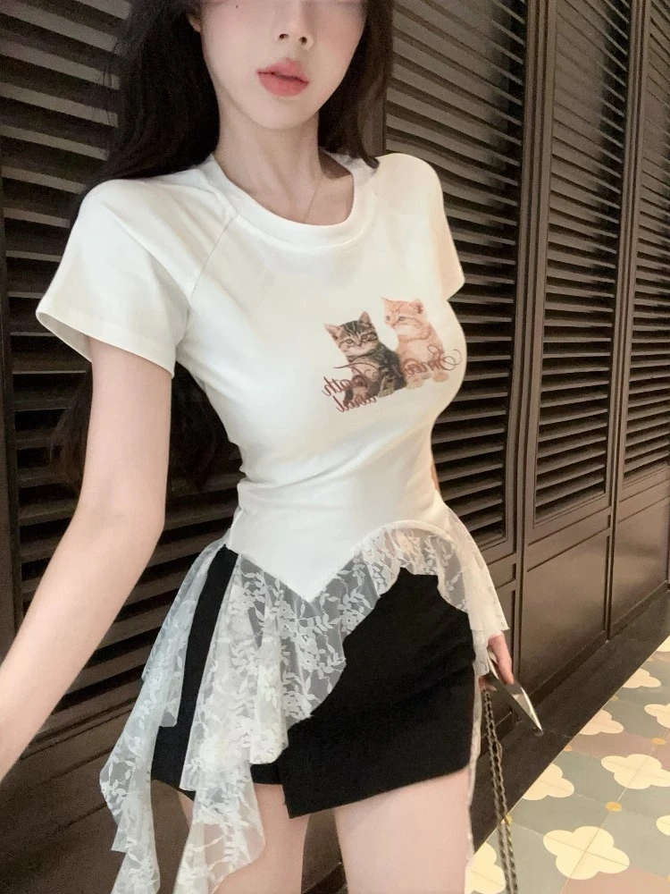 韩系甜辣妹不规则拼接正肩短袖t恤夏季性感别致印花显瘦上衣J1-50