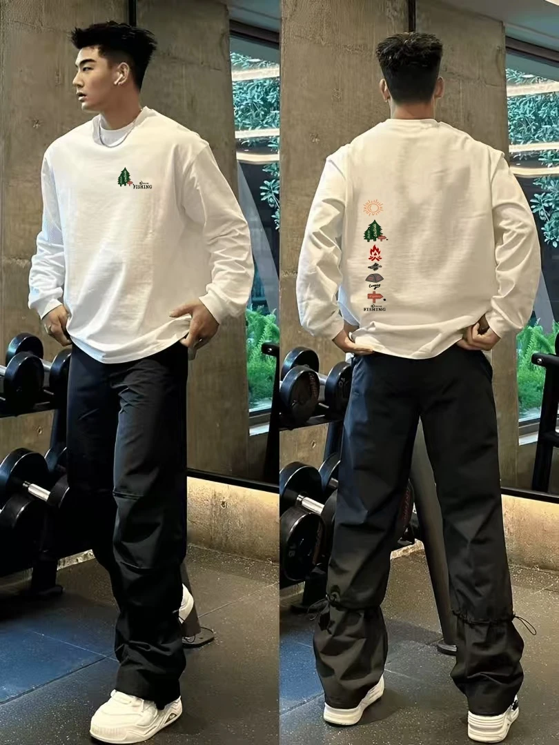 重磅长袖卫衣美式复古印花小树图案长袖男女休闲装纯棉小众T恤男