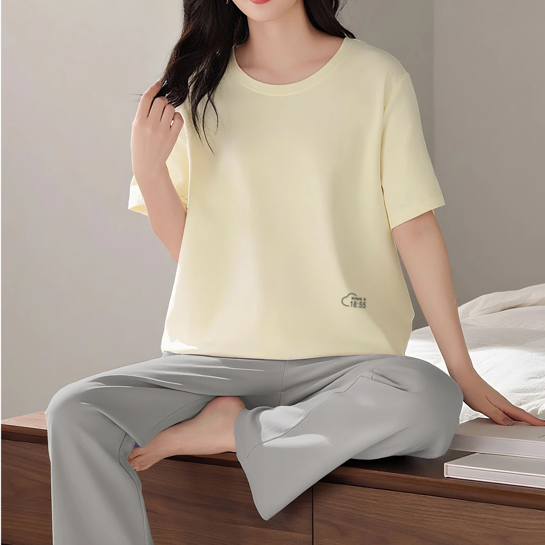 气质千金风常规款女抑菌短袖睡衣家居服套装套装H6960