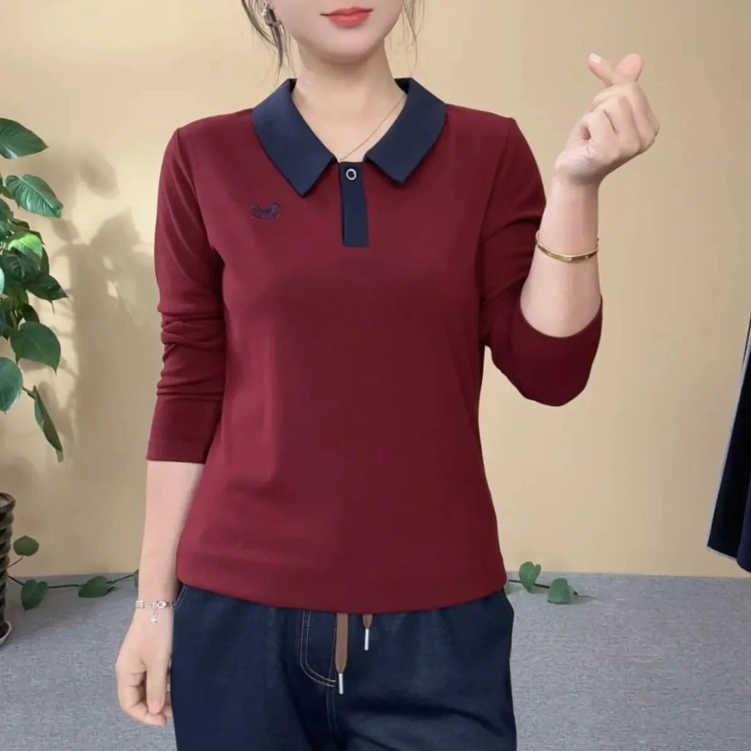 秋季减龄长袖T恤2025新款宽松翻领大码T恤女装打底衫#5035