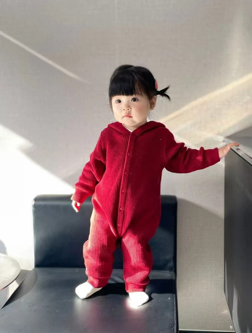 【鸿运爬服】宝宝新年红高品质纯棉纱线外套爬服戴帽针织爬服
