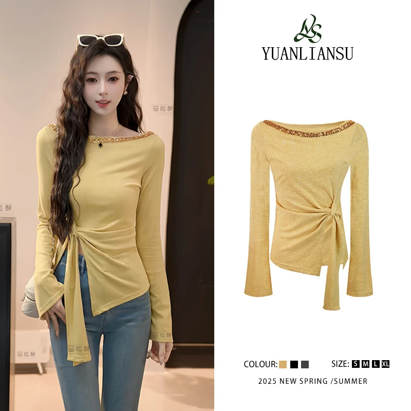 YUANLIANSU/圆脸酥【海盐芝士】2025新款设计感不规则长袖T恤女