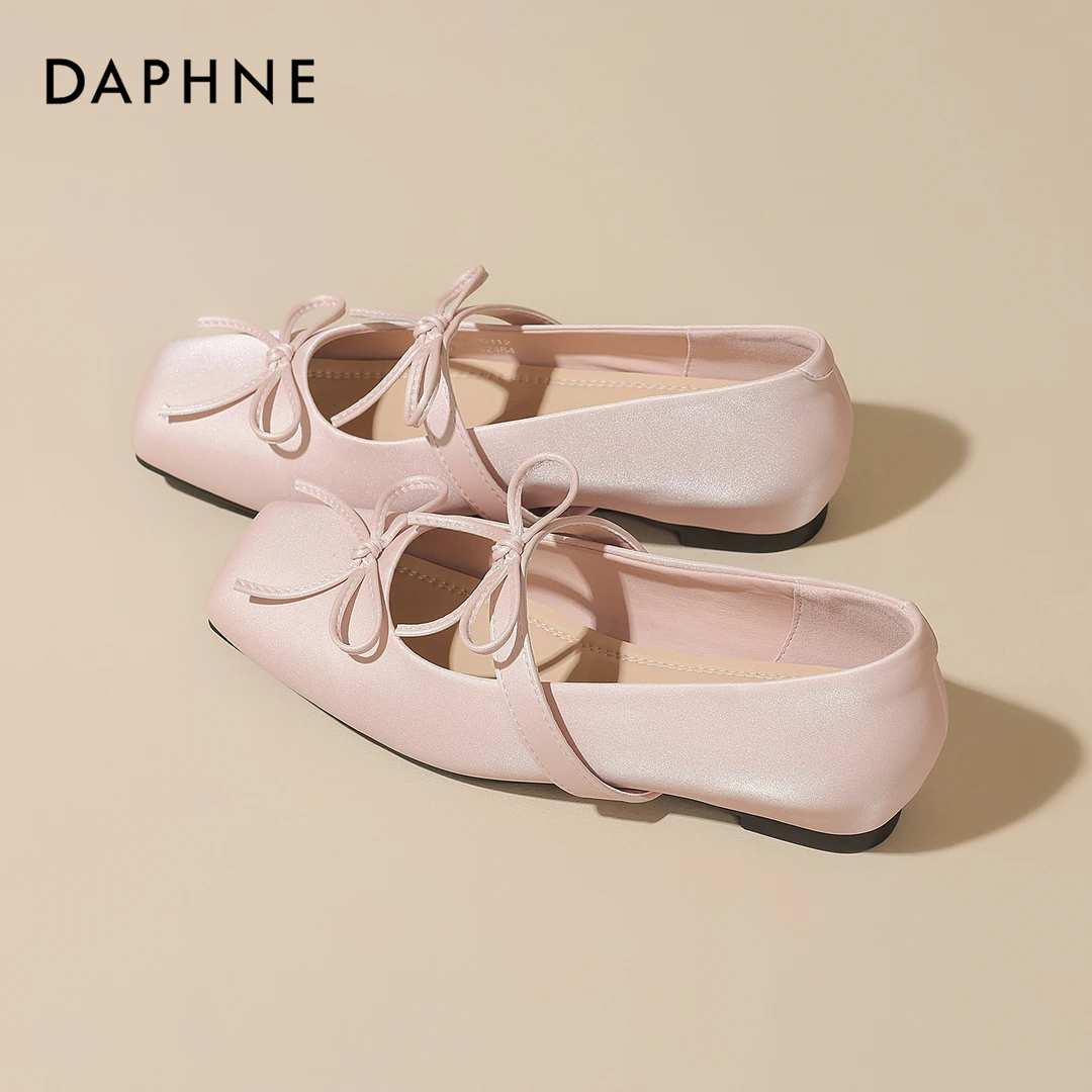 达芙妮新款方头双蝴蝶结芭蕾舞玛丽珍鞋2025夏季百搭浅口法式单鞋
