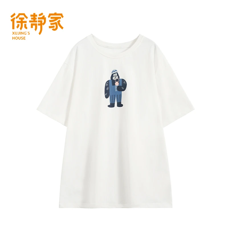 徐静家春夏季新款女士白色圆领休闲宽松印花短袖T恤女6780024