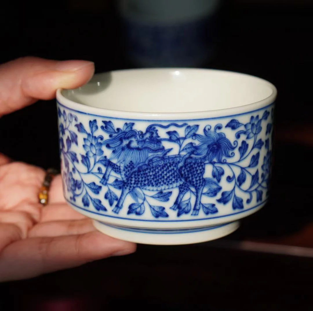 【慎静斋】景德镇青花瓷柴窑缠枝麒麟单杯直筒杯全手工茶具主人杯