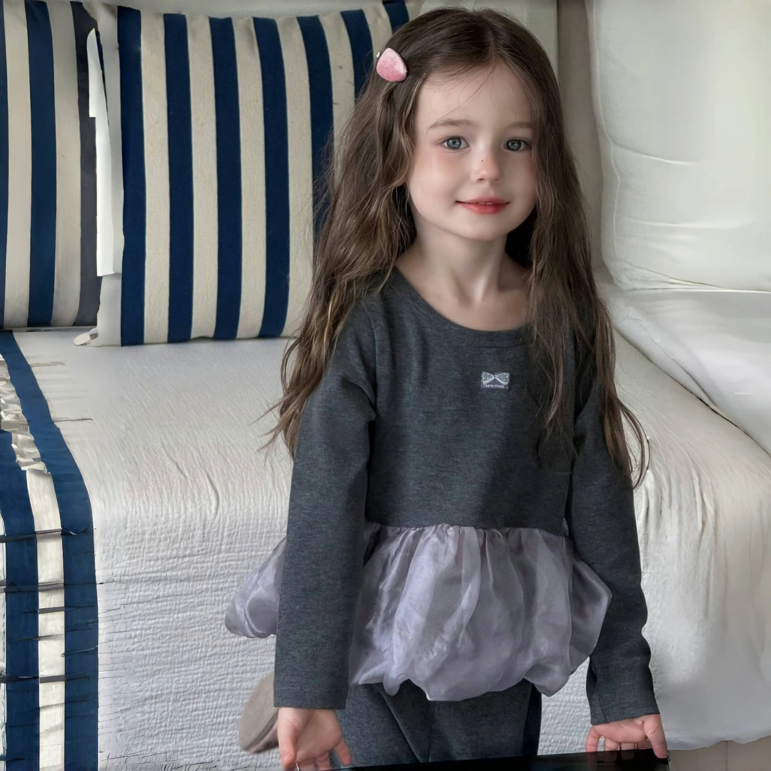女童宝宝卫衣套装秋冬2025新款洋气儿童灰色网纱裙喇叭口两件套潮