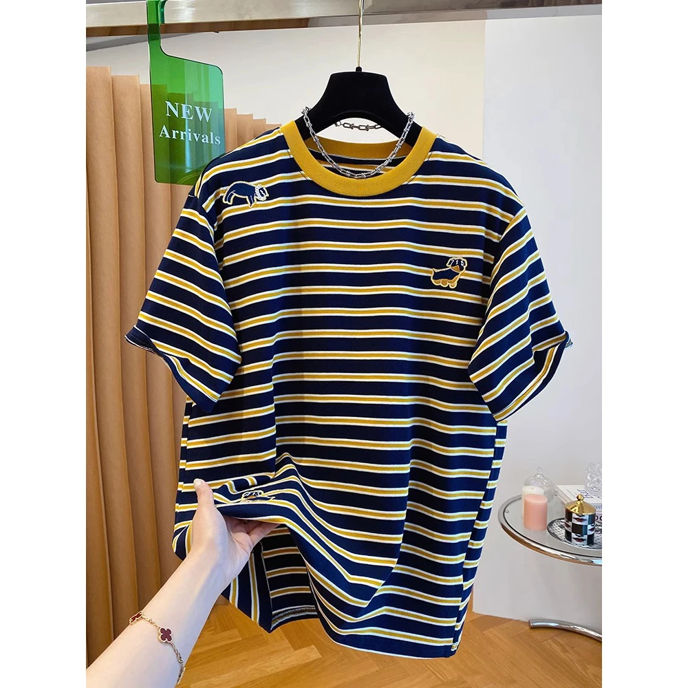 胖妹妹大码240斤条纹t恤女短袖2025春夏新款宽松圆领小狗长袖上衣