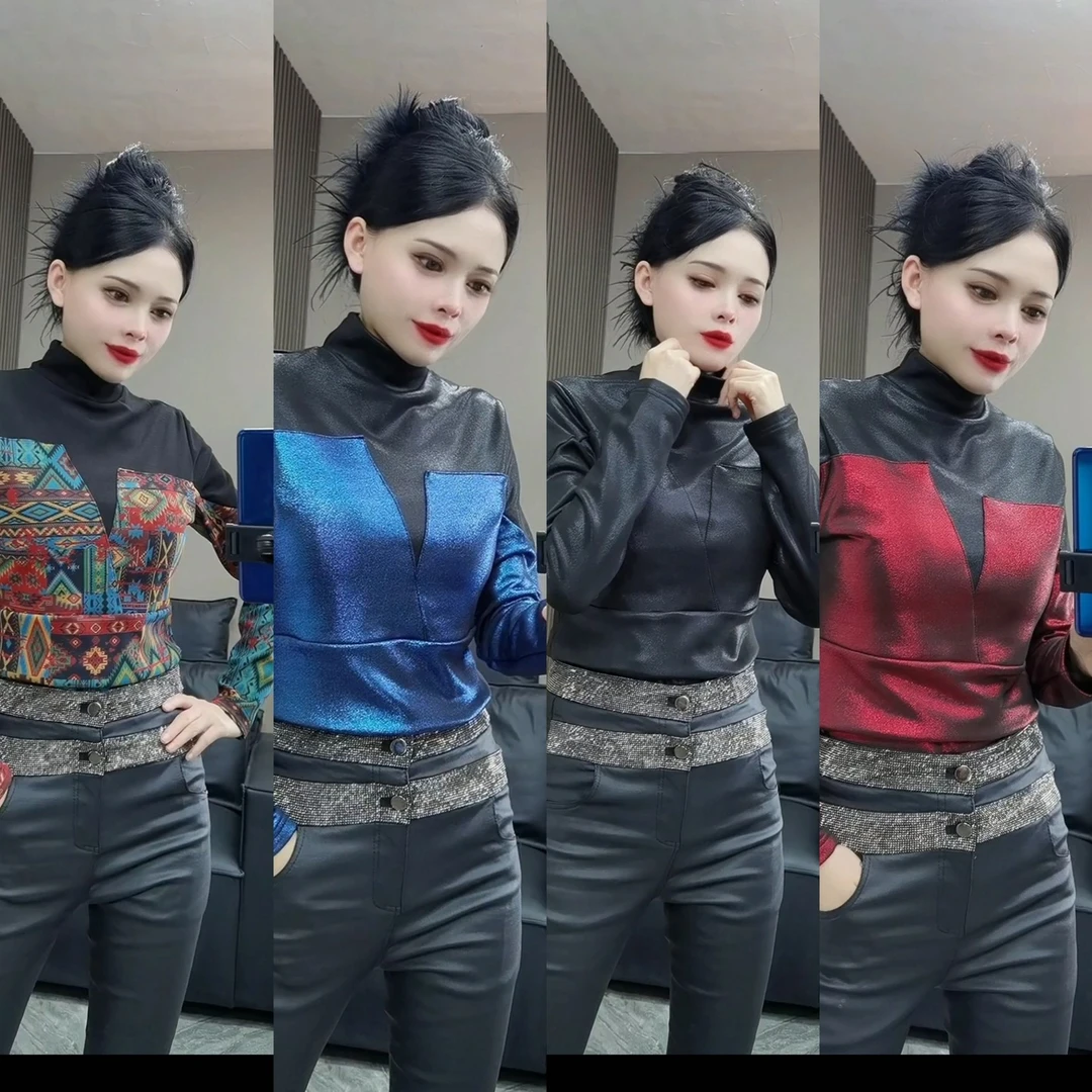 781#P秋冬拼涂层高领加绒打底衫女设计感小众修身长袖不规则上衣