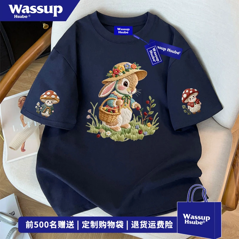 WASSUP HSUBE 嘻哈风卡通兔子印花纯棉短袖T恤夏季新款正肩上衣男