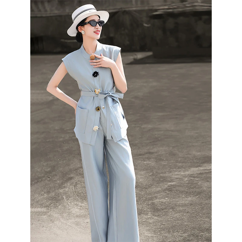 MEXCOCO/兰瑟儿夏季气质花朵扣无袖马甲外套阔腿裤套装105XO0797