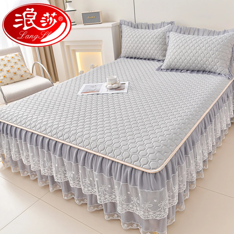 【浪莎品牌】乳胶凉席三件套床裙款冰丝席夏天专用可机洗席子四件套