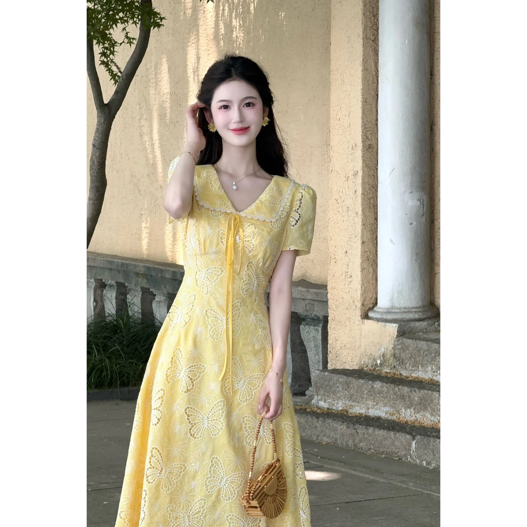 LILI李李家【蝴蝶丛中】法式少女风长裙夏季蝴蝶镂空连衣裙XMZH7360