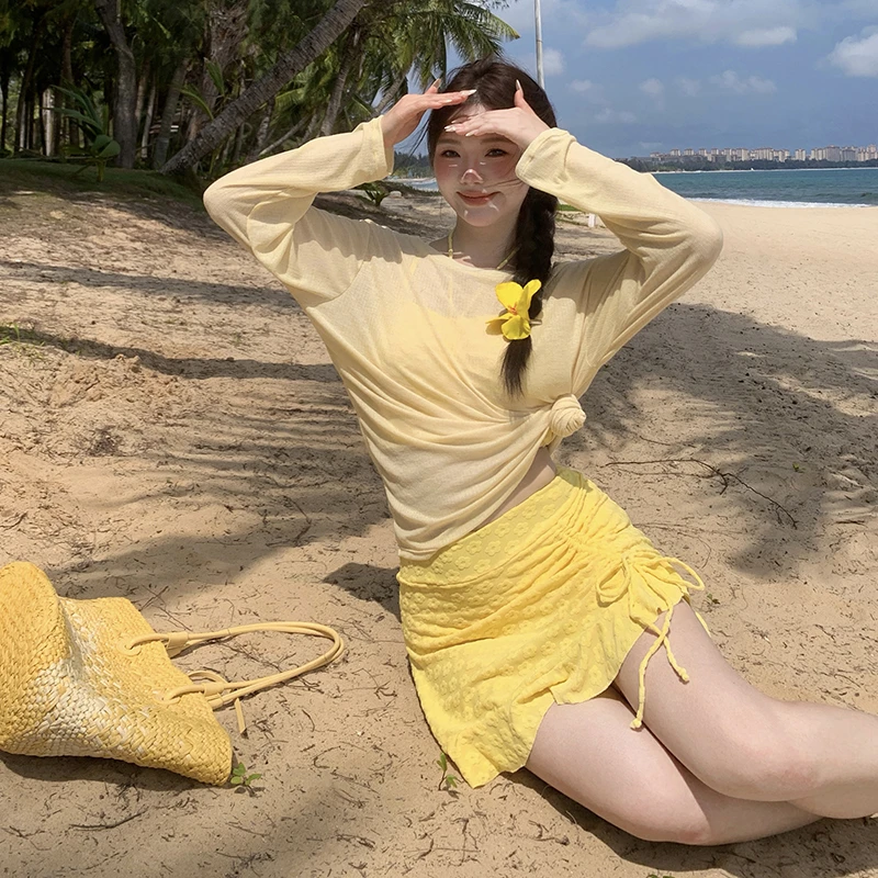 水星说【柠夏】泳衣女微胖mm大码纯欲风长袖遮肚显瘦分体温泉度假