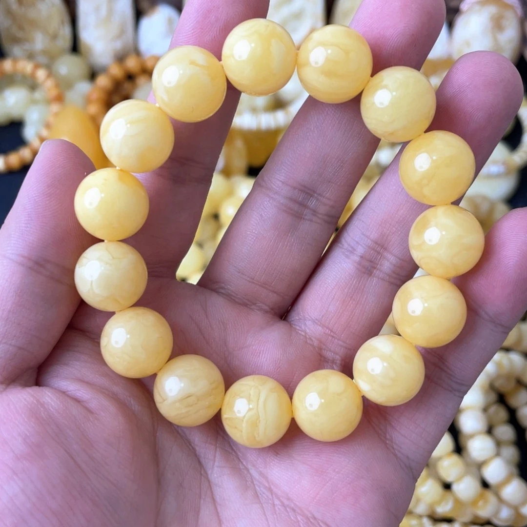 琥珀手串未镶嵌14+俄料浓蜡白花圆珠手串