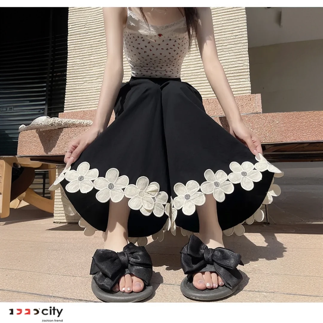 高腰日系森系休闲裤花朵显瘦阔腿裤