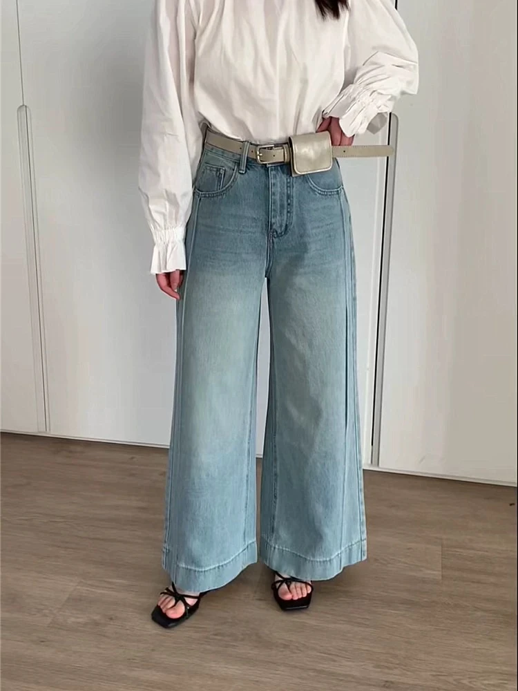 7813春新款宽松百搭浅色九分牛仔裤女小个子垂感阔腿裤