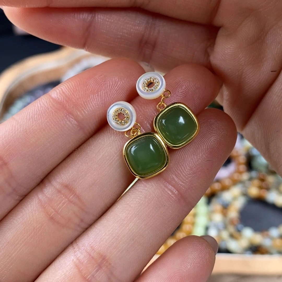 和田玉碧玉方糖耳坠银S925镶嵌