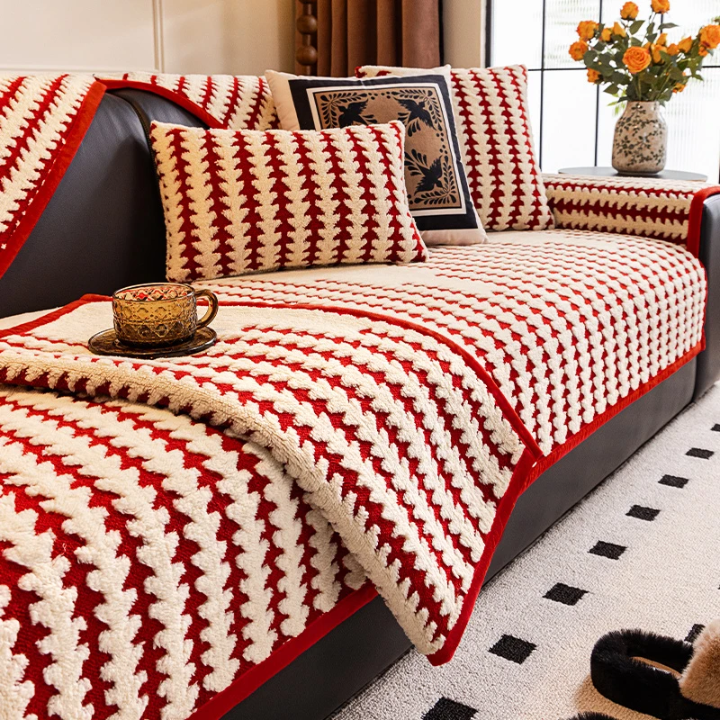虹原风尚红色喜庆沙发垫秋冬加厚2025新款毛绒沙发防滑坐垫盖布